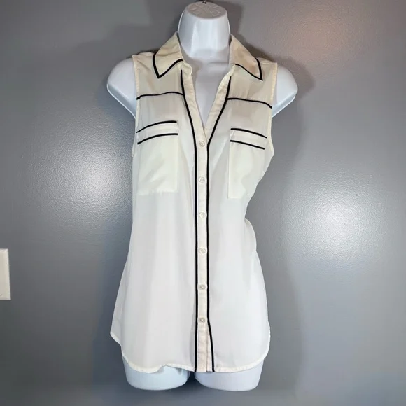 Express Portofino Sleeveless Blouse Black Piping White Button Front Top M - Picture 4 of 10